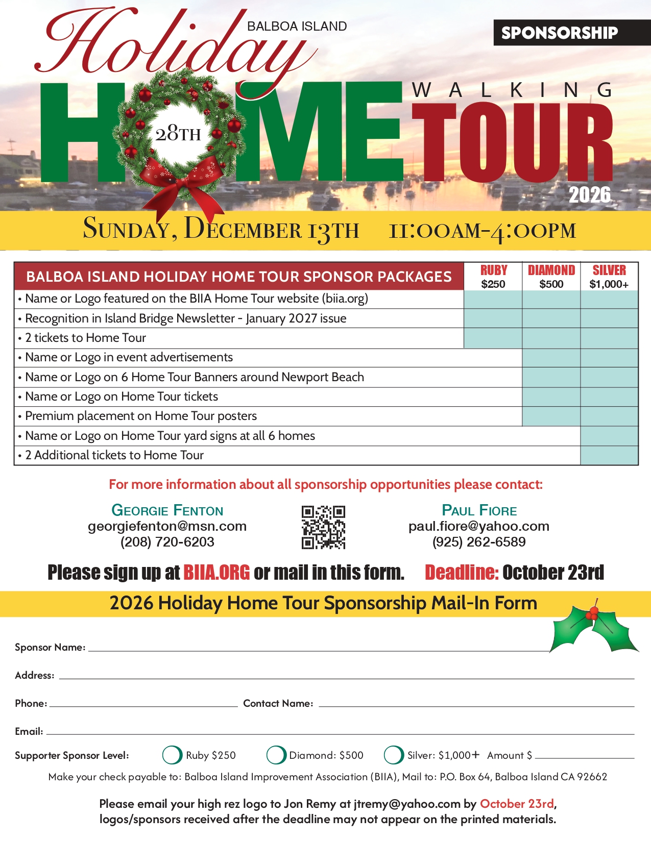 2026 Holiday Home Tour sponsorship packages and mail-in form
