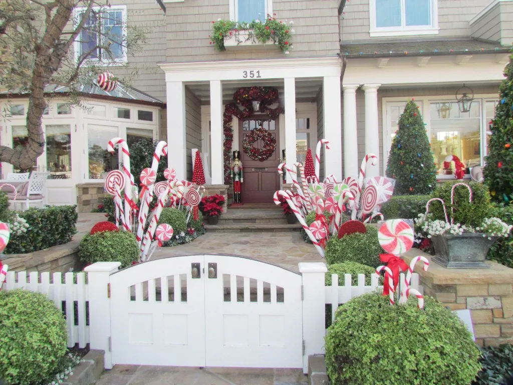 Decorated Balboa Island home at 351, with candy canes, a wreath, and holiday lights